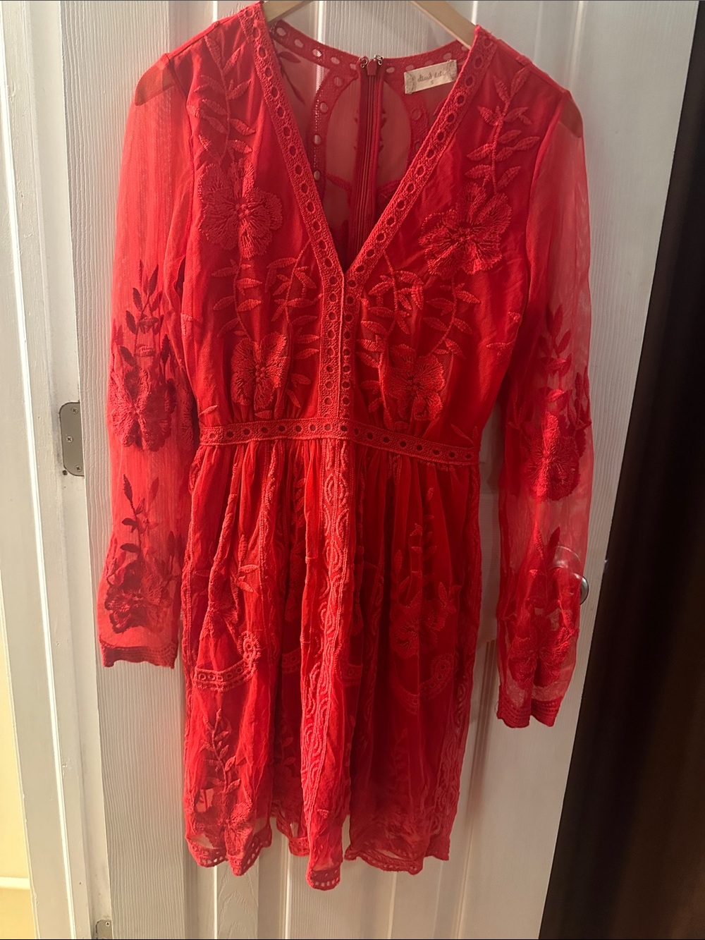 Red Embroidered V-Neck Long Sleeve Dress